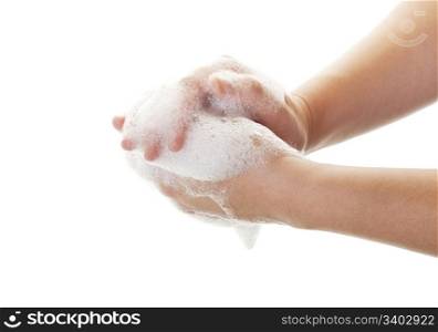 Washing your hands is the best way to prevent flus, colds and other germs and viruses, Shot on white background.