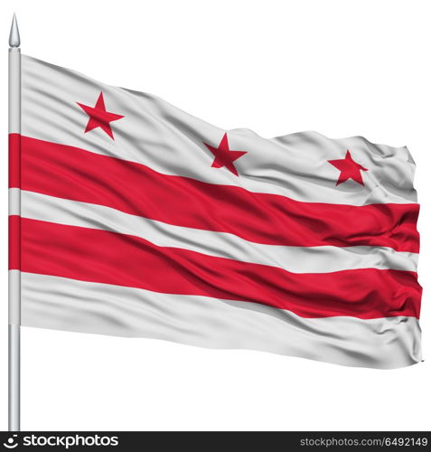 Washington DC City Flag on Flagpole, Capital City of United States of America, Flying in the Wind, Isolated on White Background