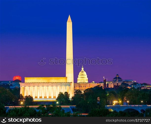Washington DC skyline with Monument Capitol and Abraham Lincoln memorial sunset
