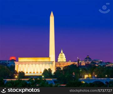 Washington DC skyline with Monument Capitol and Abraham Lincoln memorial sunset