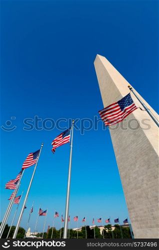 Washington Monument and american flags in District of Columbia DC USA