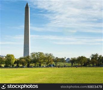 Washington Monument and Jefferson memorial. Washington Monument with Jefferson Memorial in background in Washington DC