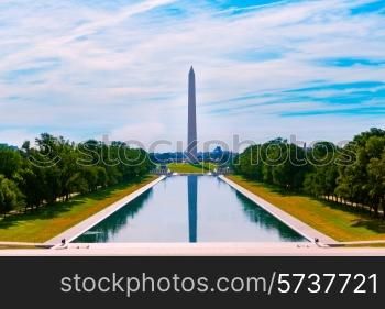 Washington Monument morning reflecting pool in US USA