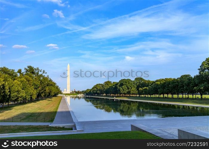 Washington monument reflected on the reflecting pool in nation mall, Washington DC, USA.. Washington monument reflected on the reflecting pool.