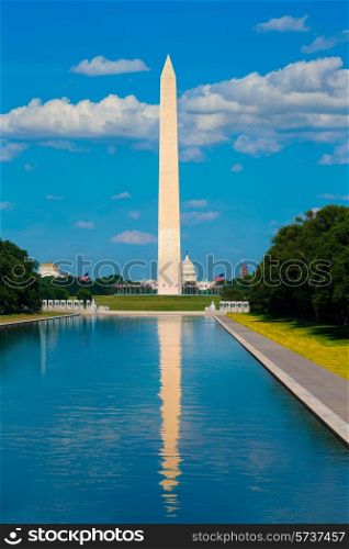 Washington Monument reflecting pool in National Mall US USA