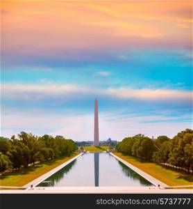 Washington Monument sunrise reflecting pool in US USA