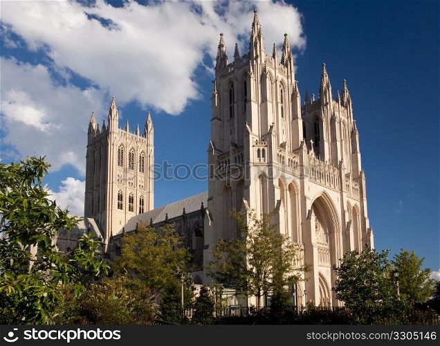 Washington National Cathedral from the side and framed by trees