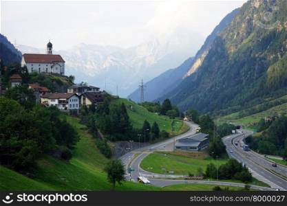 Wassen town and highway in mountain area in Switzerland