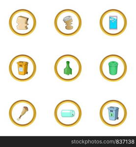 Waste icons set. cartoon style set of 9 waste vector icons for web design. Waste icons set, cartoon style