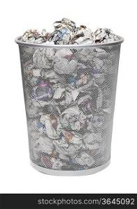 Wastebasket full of crumpled paper over white background
