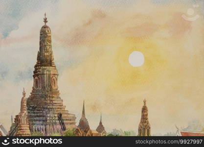 Wat Arun Temple at sunset in bangkok Thailand. Watercolor painting landscape colorful of architecture high angle view. Hand drawn illustration, vintage style, the best known of Thailand"s landmarks.