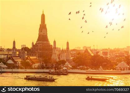 Wat arun with flying birds in sunset at Bangkok,Thailand.