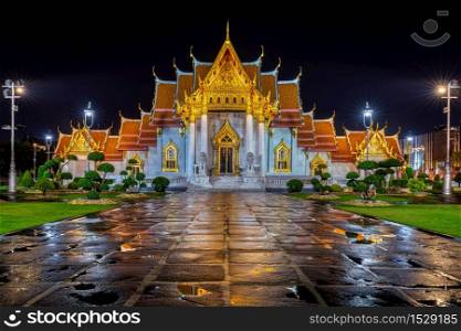 Wat Benchamabophit or the Marble Temple at night in Bangkok, Thailand.