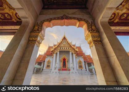 Wat Benjamabophit, a thai buddhist temple in the Dusit District of Bangkok. Urban town, Thailand. Downtown City. Tourist attraction in travel trip concept.