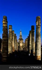 Wat Mahathat at twilight in Sukhothai Historical Park, Thailand