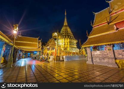 Wat Phra That Doi Suthep is a Buddhist temple is a major tourist attraction Is an ancient Thai art with Twilight blue bright at dusk night and Public places in Chiang Mai,Thailand.