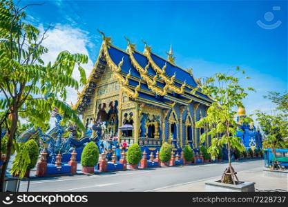 Wat Rong Sua Ten temple with blue sky background, Chiang Rai Province, Thailand, It&rsquo;s a popular destination and Landmark of Chiang Rai