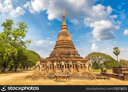 Wat Sorasak Temple (Elephant Temple) in Sukhothai historical park, Thailand in a summer day