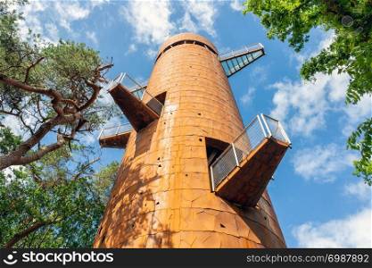Watch tower with viewing platforms at different heights in the forest near Appelscha, The Netherlands. Watch tower in the forest of Appelscha, The Netherlands