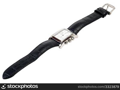 Watch with a leather strap on a white background.
