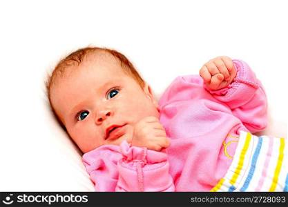 watchful newborn baby girl on pillow close-up
