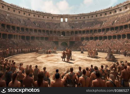 watching a chariot race and gladiator fight in the_Colosseum created by generative AI