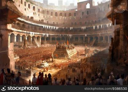 watching a chariot race and gladiator fight in the_Colosseum created by generative AI