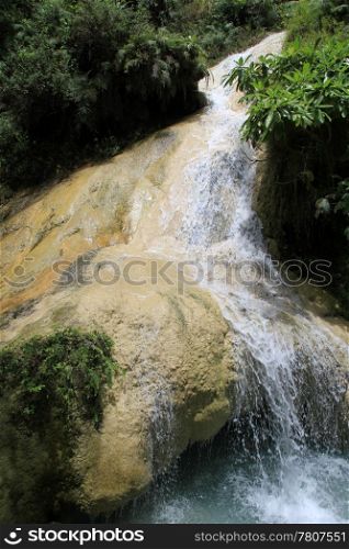 Water and trees in waterfall Erawan in Thailand