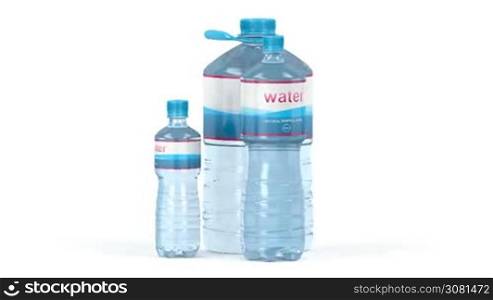 Water bottles with different sizes on white background