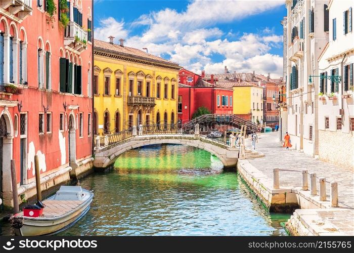 Water canal and bridges of Venice, beautiful view of Italy.