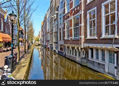 Water canal in the historic town centre of Delft, Netherlands