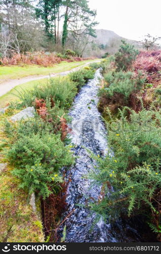 Water channel, old structure. Devonport Leat, Dartmoor National Park, Devon, England, United Kingdom.