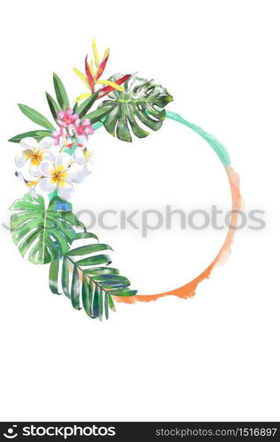 Water color painting of tropical flower with round frame.