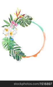 Water color painting of tropical flower with round frame.