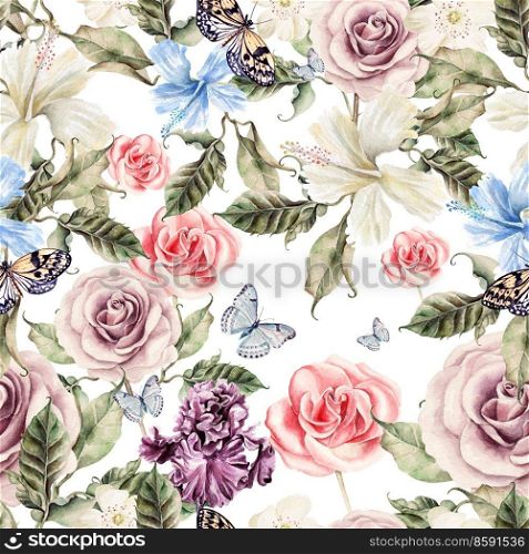 Water color pattern with flowers rose, iris and hibiscus Illustration. Water color pattern with flowers rose, iris and hibiscus.