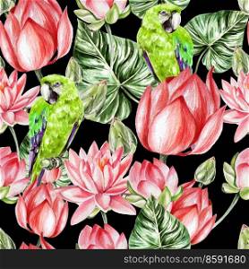 Water color pattern with lotus and parrot. Illustration. Water color pattern with lotus and parrot.