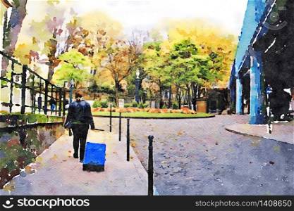 water color representing a visit to the Montmartre cemetery in Paris in the autumn before leaving. a visit to the cemetery of Montmartre in Paris in the autumn