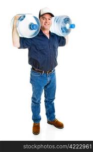 Water delivery man carrying two full five gallon jugs on his shoulders. Full body isolated on white.