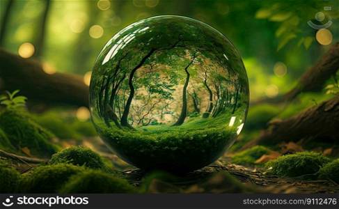 Water drop in earth shape with green leaves in the jungle. Generative AI