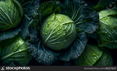 Water Droplets on Cabbage Leaves. Generative AI