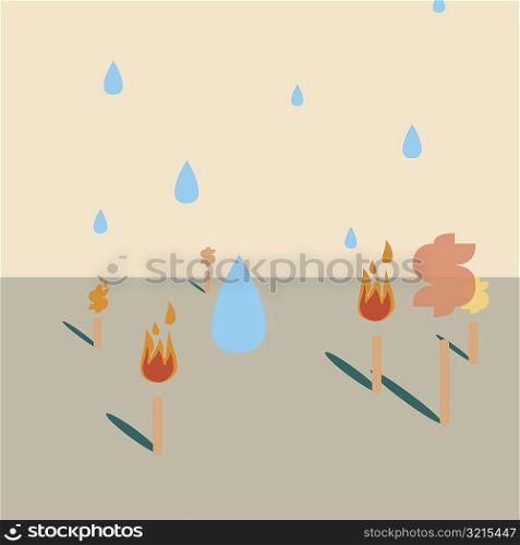 Water drops falling over flaming torches