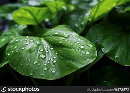 Water drops on a green leaf. Generative AI