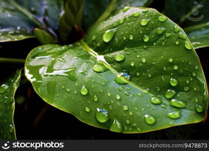 Water drops on a green leaf. Generative AI