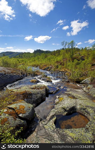 Water flowing down the river in the Norwegian mountains