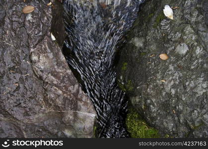 Water flowing in between rocks. Small water stream in between two rocks in autumn