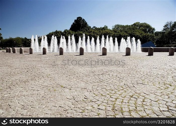 Water fountains in front of trees, Washington DC, USA
