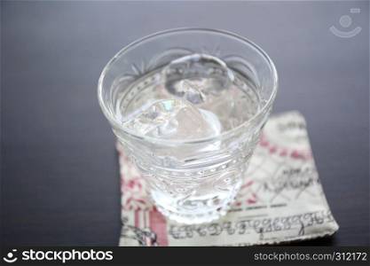 Water in glass in wood background