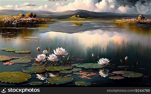 Water lilies on the lake and river against the background of the blue sky. AI generated. Natural nature illustration.. Water lilies on the lake and river against the background of the blue sky. AI generated.