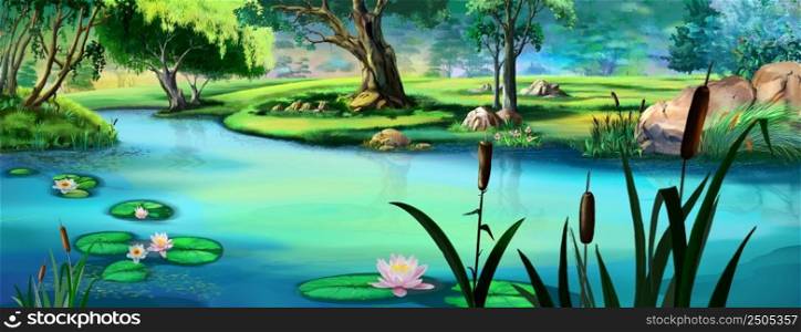 Water lilies on the river on a summer sunny day. Digital Painting Background, Illustration.. Water lilies on the river 02