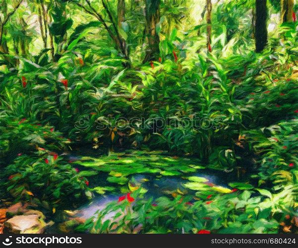 Water lillies, Nymphaeaceae, in lush tropical Brazilian rain forest - Claude Monet style digital manipulation oil on canvas impressionist effect. Water lillies in tropical Brazilian rain forest - Monet style digital manipulation